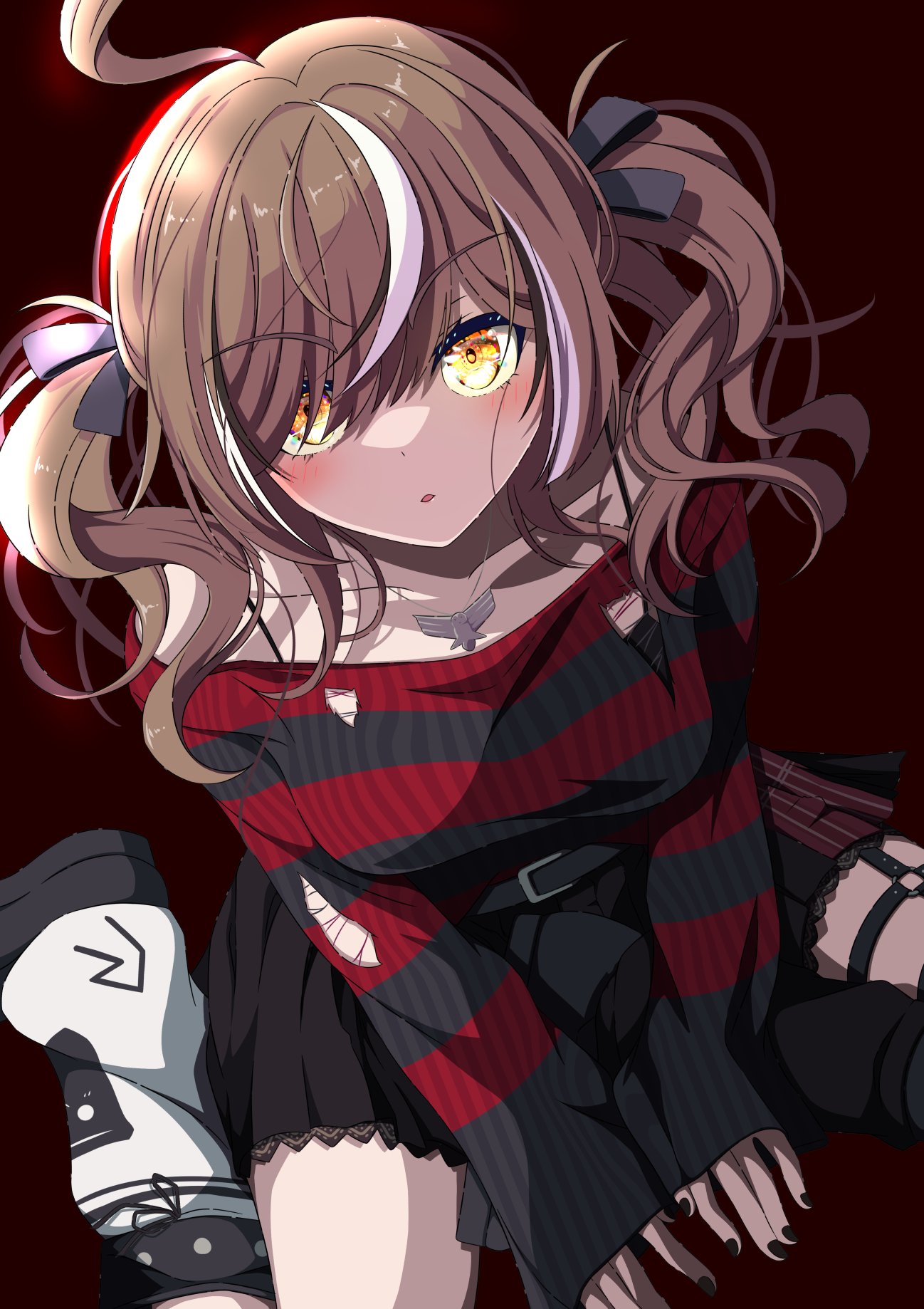 1girl, ahoge, belt, black_nails, black_ribbon, black_skirt, black_sweater, brown_eyes