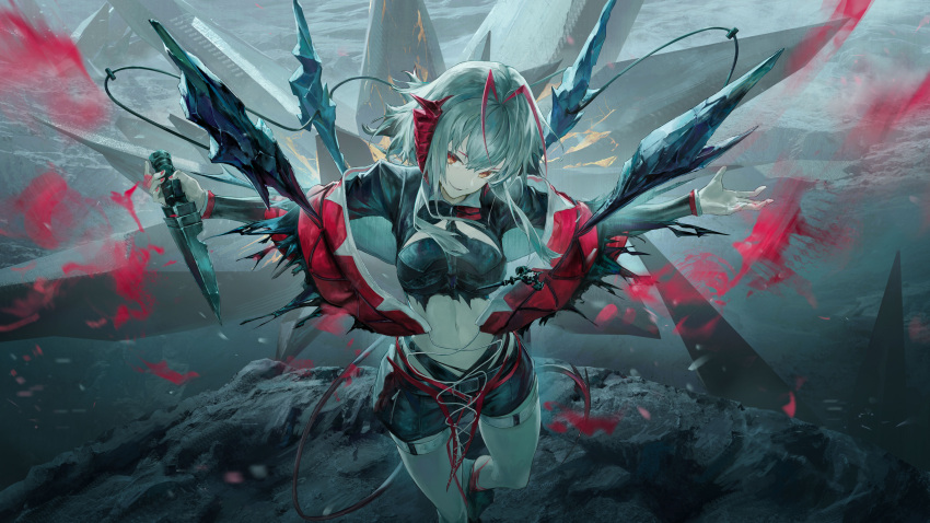 1girl, absurdres, antenna_hair, arknights, arms_at_sides, belt, black_shirt, black_shorts