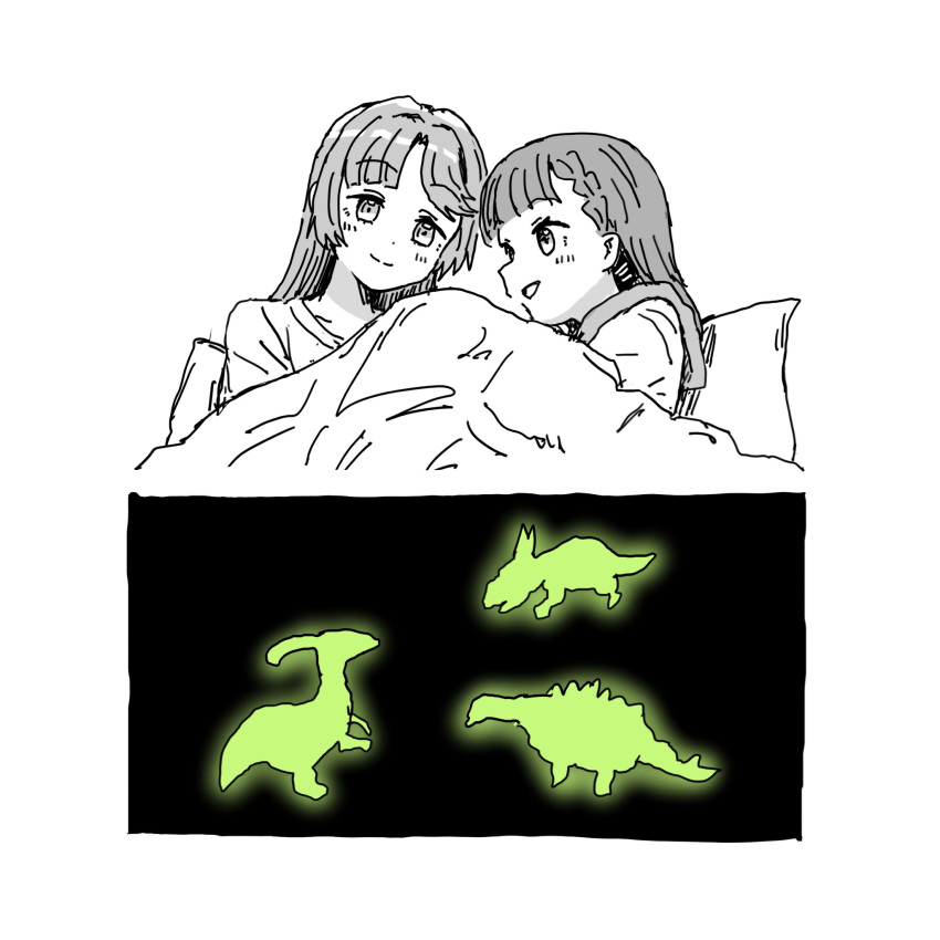 2girls, anyoji_hime, blunt_bangs, braid, center-flap_bangs, closed_mouth, dinosaur, glow-in-the-dark