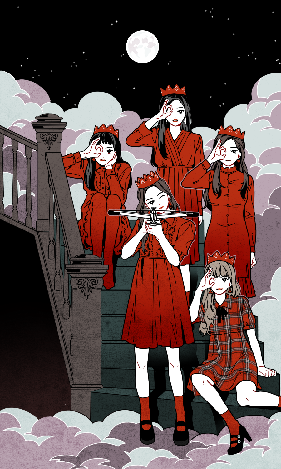 5girls, aiming, aiming_at_viewer, animification, black_hair, blunt_bangs, celandine_93, commentary