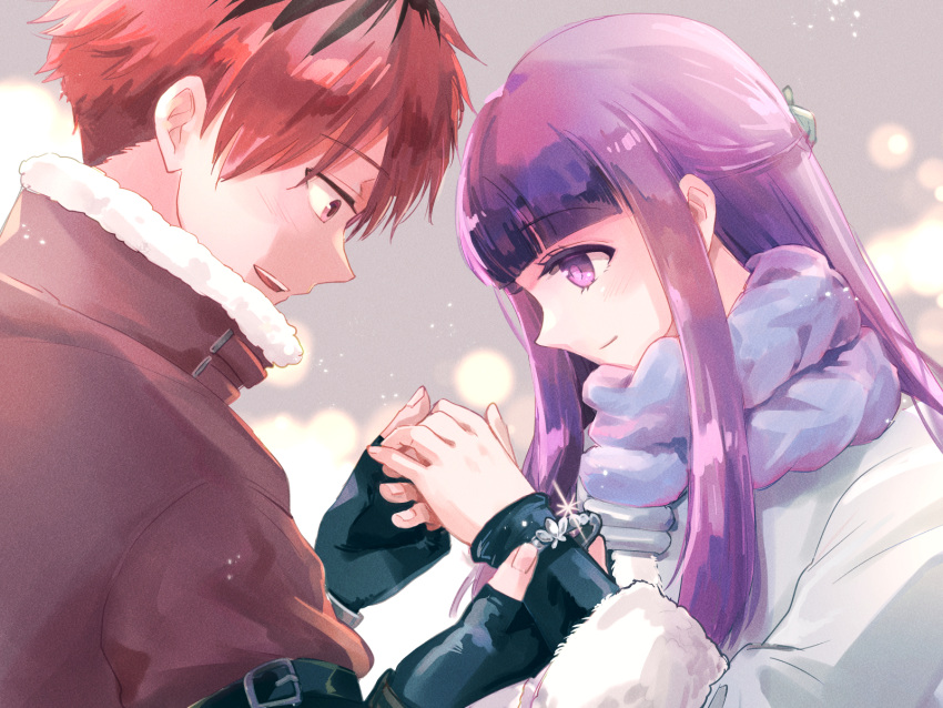 1boy, 1girl, black_gloves, bracelet, coat, couple, fern_(sousou_no_frieren), fingerless_gloves