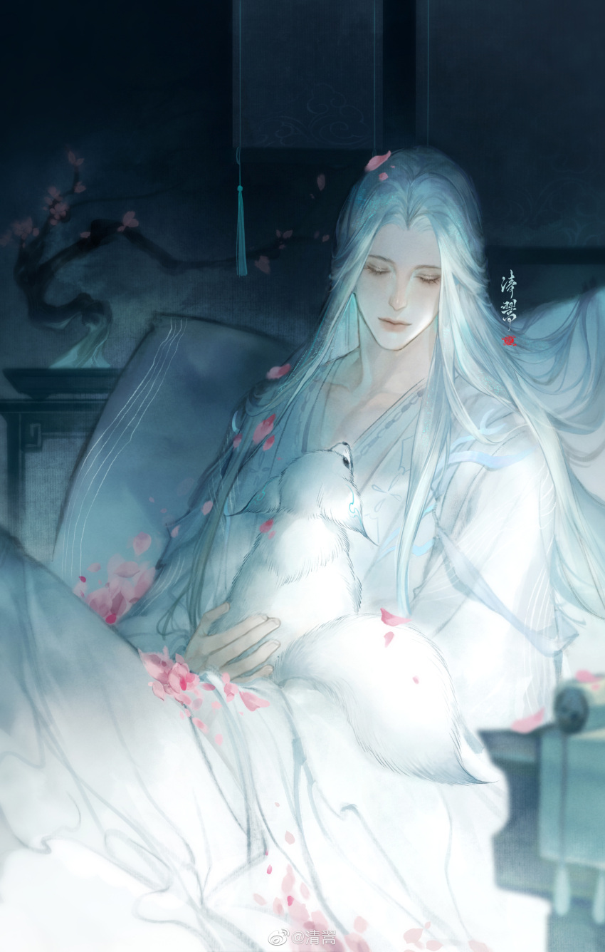 1boy, absurdres, animal, bishounen, bonsai, chinese_clothes, closed_eyes, closed_mouth