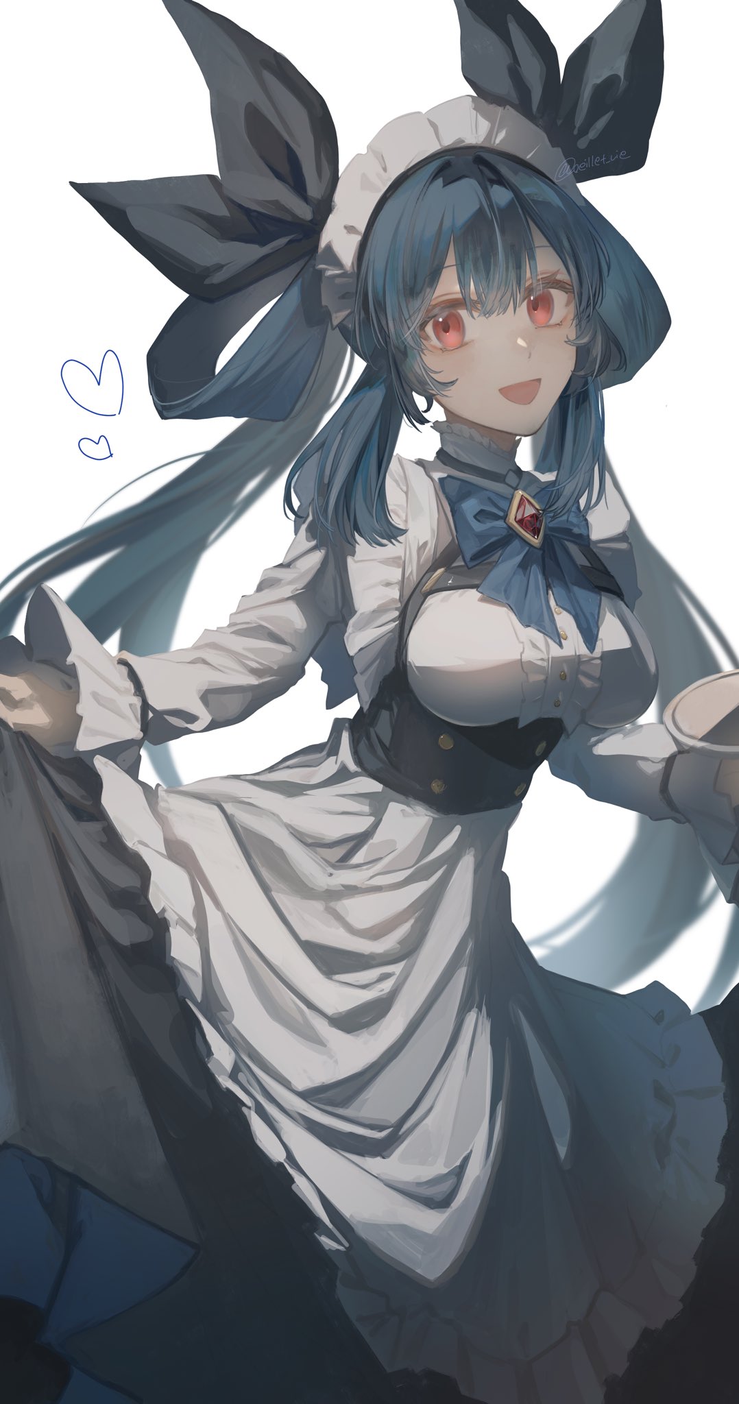 1girl, apron, black_ribbon, blue_hair, blue_ribbon, breasts, clothes_lift, dizzy_(guilty_gear)
