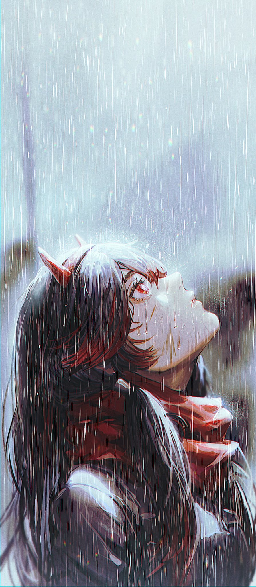 1girl, black_hair, black_jacket, fake_horns, hair_between_eyes, highres, horns, jacket