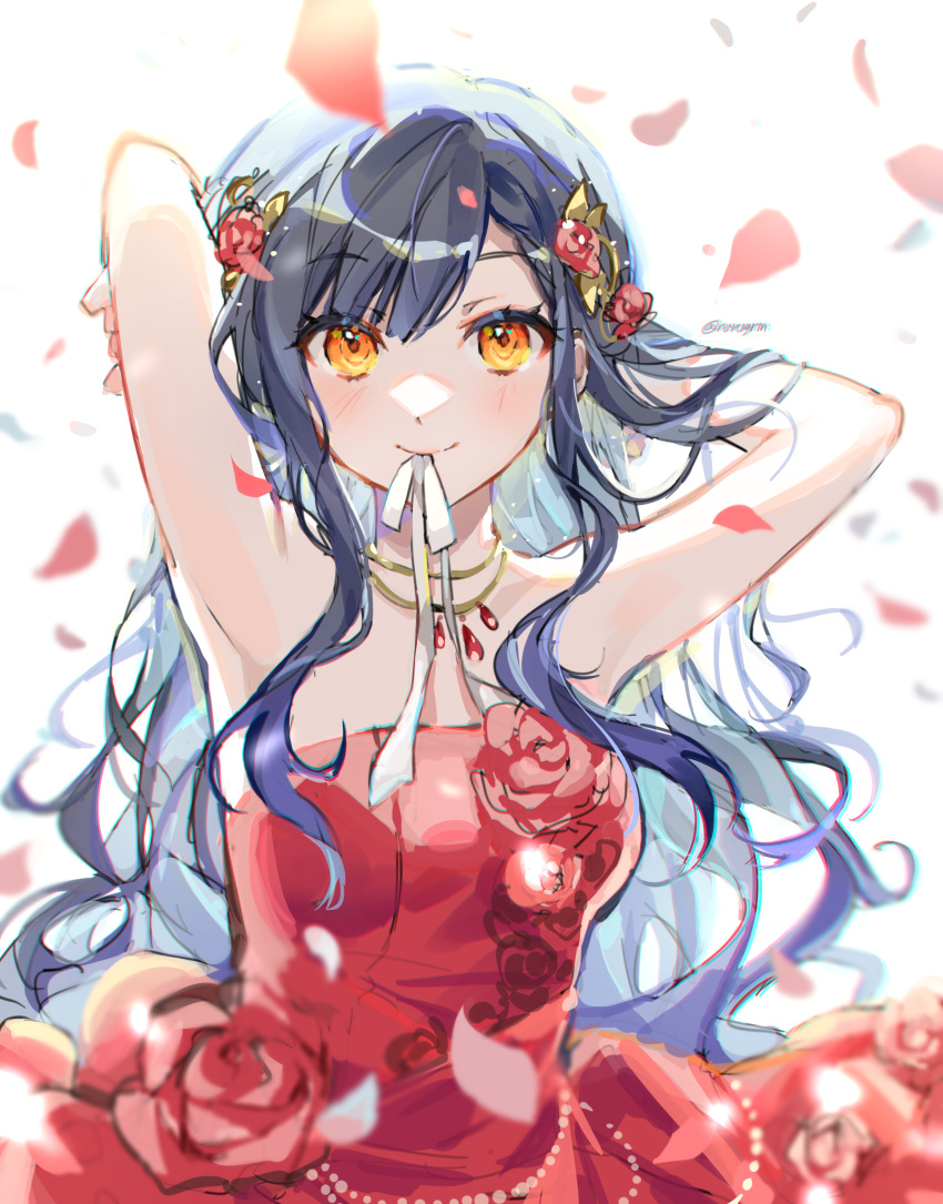 1girl, absurdres, adjusting_hair, aozora_ni_negau_your_happiness!_(project_sekai), bare_arms, bare_shoulders, black_hair, blush