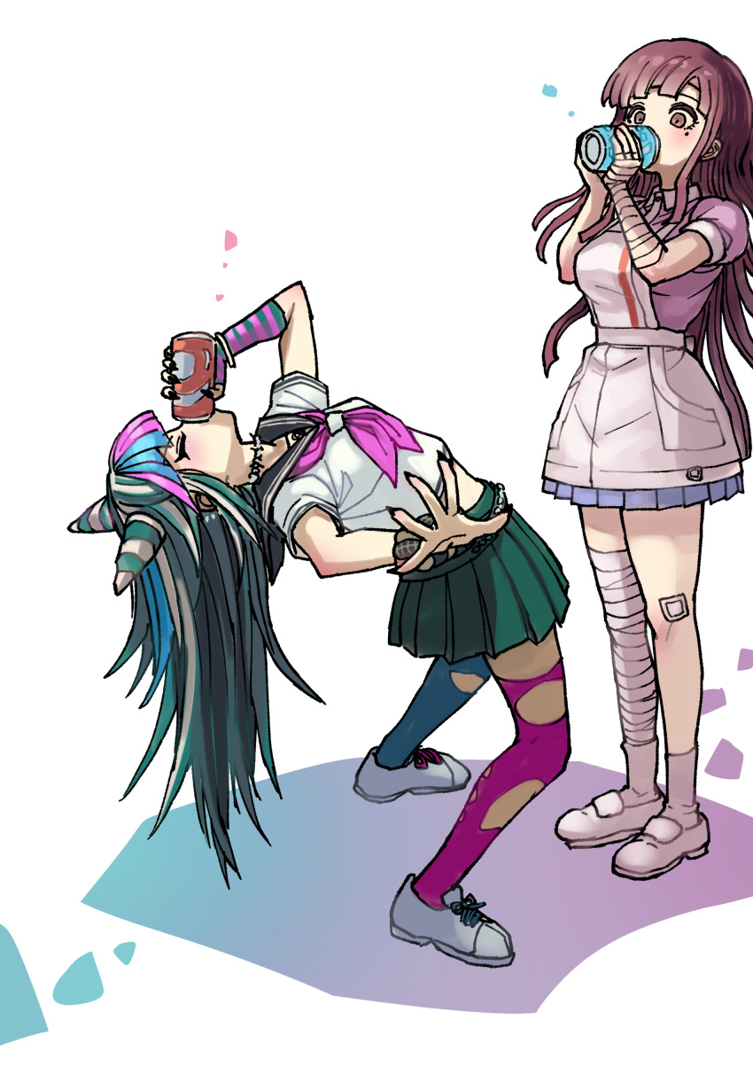 2girls, absurdres, apron, arched_back, asymmetrical_legwear, bandaged_knees, black_hair, black_nails