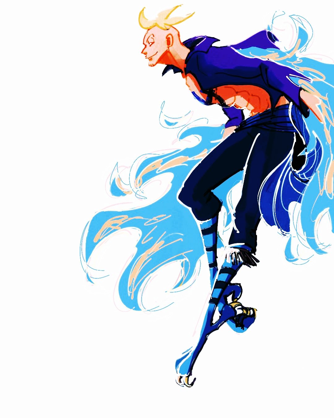 1boy, bird_legs, blonde_hair, blue_fire, blue_sash, blue_shirt, chest_tattoo, claws