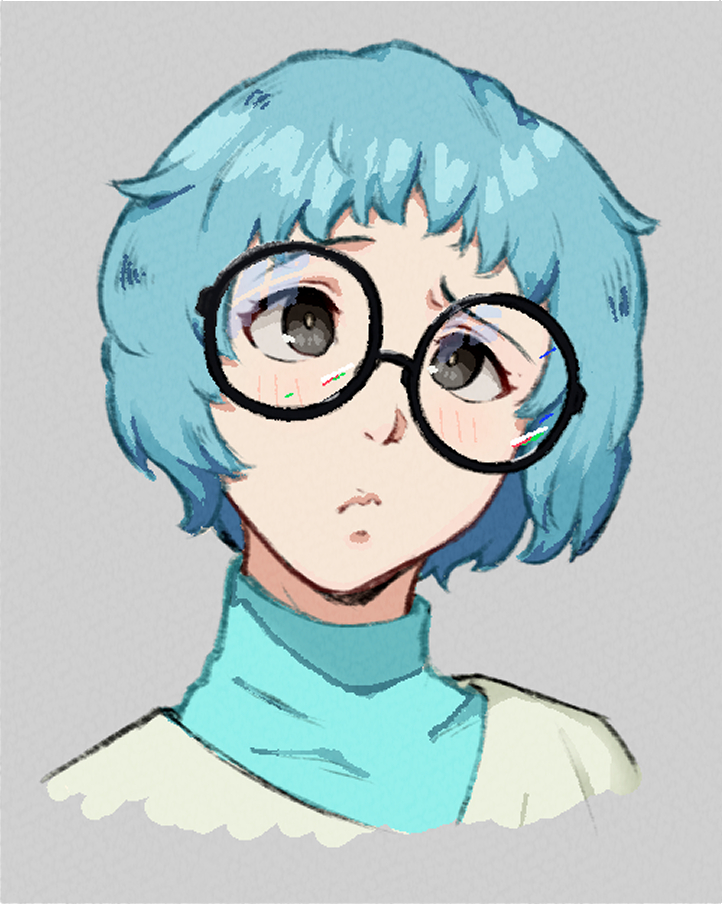 1girl, :/, bespectacled, black-framed_eyewear, blue_hair, blue_shirt, commentary, cropped_shoulders, english_commentary, glasses, grey_background, grey_eyes, high_collar, looking_up, persona, persona_3, portrait, raised_eyebrows, round_eyewear, roviahc, shirt, short_hair, solo, yamagishi_fuuka