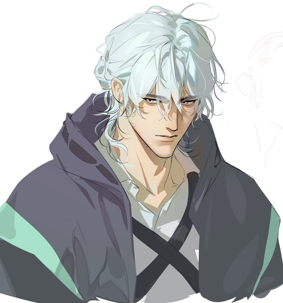 1boy, arknights, beard_stubble, blue_hair, closed_mouth, commentary_request, doctor_(arknights), facial_hair, hood, hood_down, jjeobjjeobdogta_(wjqwjqehrxk), korean_commentary, looking_at_viewer, male_doctor_(arknights), male_focus, medium_hair, simple_background, stubble, upper_body, white_background, white_eyes