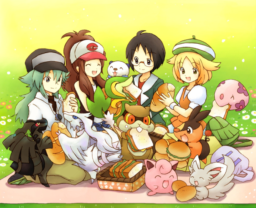 2boys, 2girls, baseball_cap, bel_(pokemon), bell_(pokemon), black_hair, blonde_hair, blue_eyes
