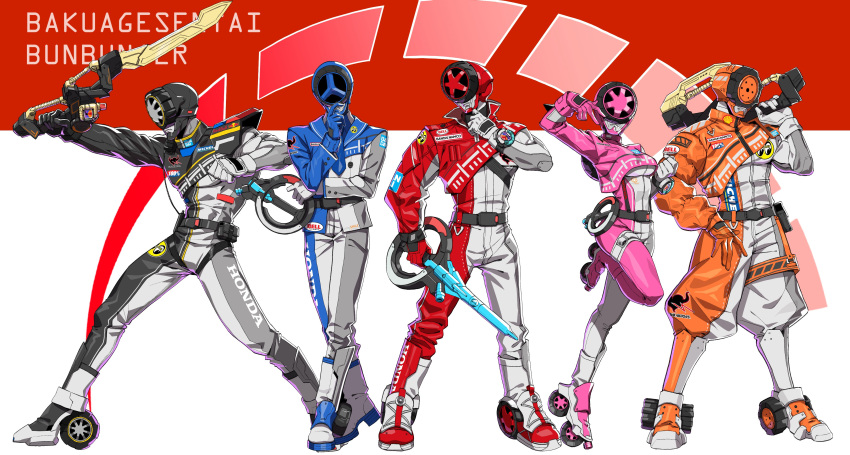 1girl, 4boys, absurdres, adapted_costume, alternate_costume, asymmetrical_clothes, bakuage_sentai_boonboomger, black_gloves