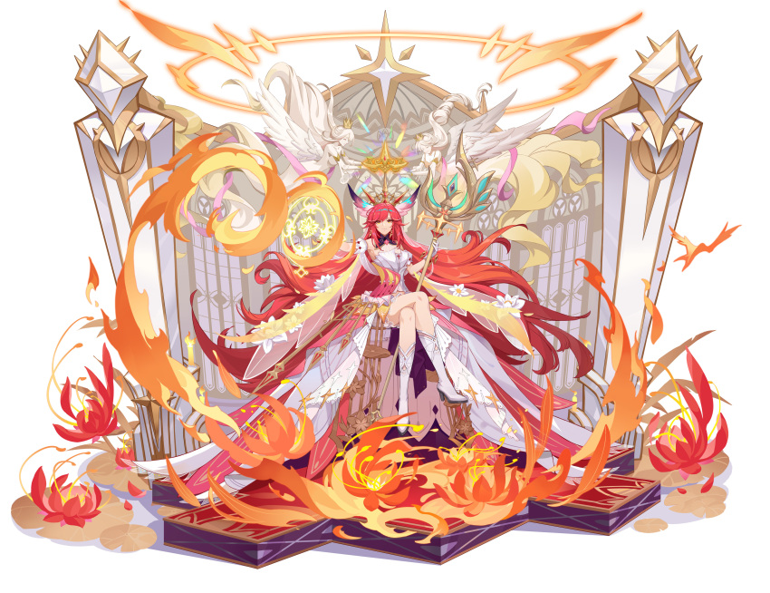 1girl, absurdly_long_hair, absurdres, arm_up, boots, breasts, character_request, chinese_commentary, closed_mouth, copyright_request, crossed_legs, crown, dangle_earrings, detached_sleeves, dress, earrings, feather_hair, fire, flower, full_body, gem, gold_earrings, hand_up, high_heel_boots, high_heels, highres, holding, holding_staff, jewelry, long_hair, looking_at_viewer, m_c1025z, magic_circle, official_art, puffy_short_sleeves, puffy_sleeves, purple_gemstone, red_eyes, red_flower, red_gemstone, redhead, short_sleeves, sitting, small_breasts, smile, solo, staff, thigh_boots, very_long_hair, white_dress, white_footwear
