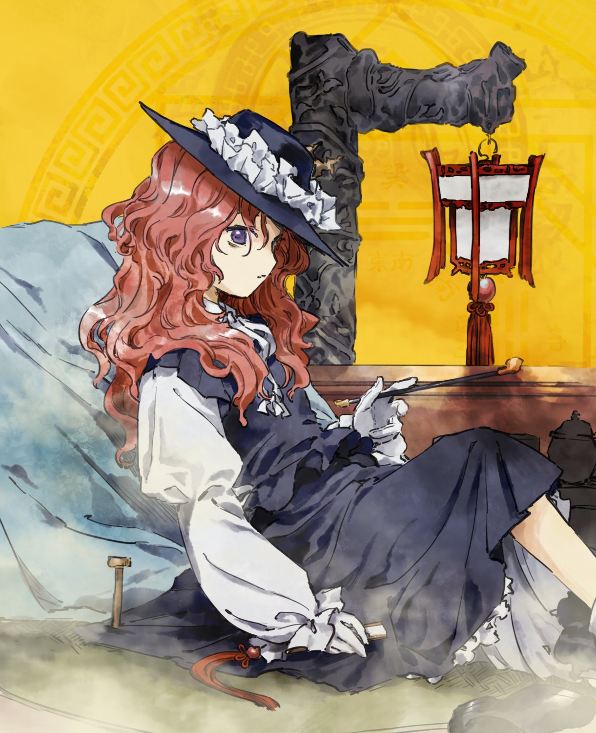 1girl, black_hat, black_skirt, black_vest, commentary_request, dolls_in_pseudo_paradise, frilled_hat, frilled_skirt