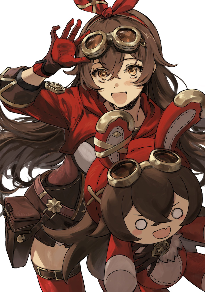 :d, adjusting_eyewear, amber_(genshin_impact), baron_bunny_(genshin_impact), belt, brown_eyes, brown_hair, brown_shorts