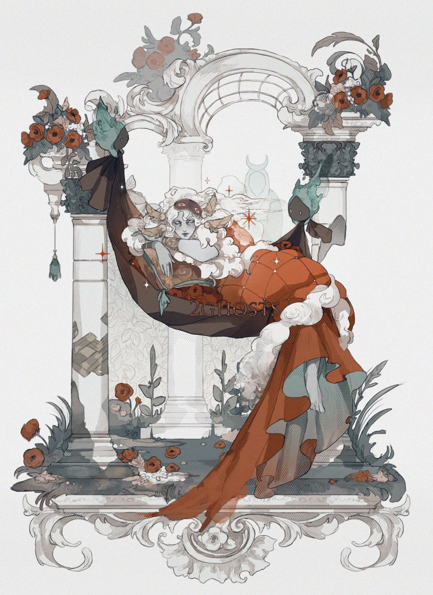 1boy, 2ghostsart, arch, artist_name, closed_eyes, colored_skin, column, english_commentary, flower, grey_background, grey_skin, hades_(series), hades_2, hammock, highres, hypnos_(hades), long_hair, pillar, pillow, quilt, red_flower, simple_background, sleep_mask, sleeping, solo_focus, sparkle, wavy_hair, white_hair, wing_hair_ornament