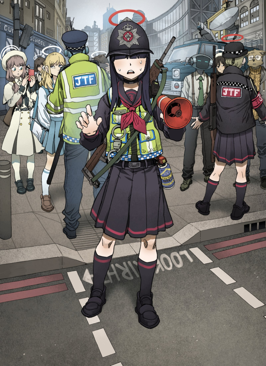 2boys, 6+girls, battle_rifle, black_skirt, blue_archive, blue_skirt, character_request, chickenapple33, cuffs, dress, fn_fal, green_vest, gun, handcuffs, high-visibility_vest, highres, looking_at_viewer, megaphone, metropolitan_police_service, motor_vehicle, multiple_boys, multiple_girls, rifle, robot, school_uniform, skirt, van, vest, weapon, white_dress