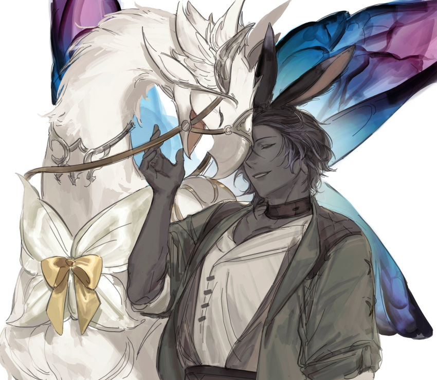 1boy, ^_^, animal_ears, barding, beak, belt, black_hair, bow