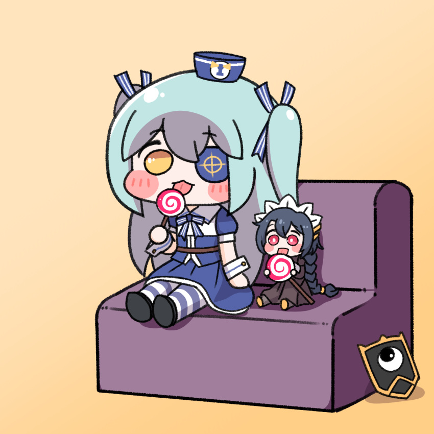 2girls, aged_down, alterkero, aqua_hair, black_hair, black_wyrm_(last_origin), blush_stickers, braid, braided_ponytail, candy, chibi, couch, dress, eyepatch, food, gradient_background, hat, highres, last_origin, licking, lollipop, lrl_(last_origin), maid_headdress, mini_black_wyrm_(last_origin), multiple_girls, red_eyes, sailor_dress, sailor_hat, shield, sitting, striped_clothes, striped_thighhighs, thigh-highs, two_side_up, wrist_cuffs, yellow_eyes