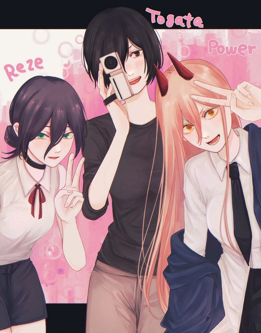 3girls, absurdres, black_choker, black_eyes, black_hair, black_necktie, black_shorts, blonde_hair