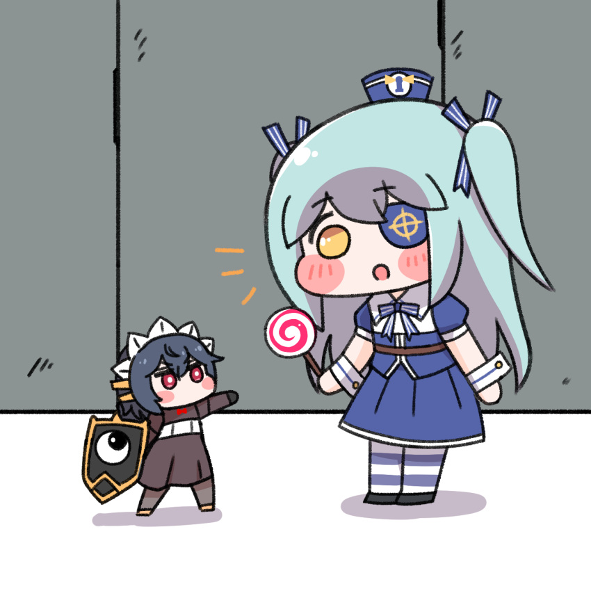 2girls, aged_down, alterkero, aqua_hair, black_hair, black_wyrm_(last_origin), blush_stickers, candy, chibi, dress, eyepatch, food, hat, highres, last_origin, lollipop, lrl_(last_origin), maid_headdress, mini_black_wyrm_(last_origin), multiple_girls, no_mouth, red_eyes, sailor_dress, sailor_hat, shield, striped_clothes, striped_thighhighs, thigh-highs, two_side_up, wrist_cuffs, yellow_eyes