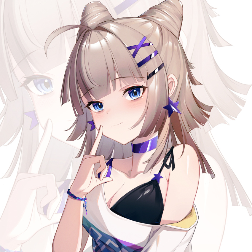 1girl, aa-12_(girls'_frontline), aa-12_(smokeless_lollipop)_(girls'_frontline), ahoge, black_bra, blue_eyes, bra, choker