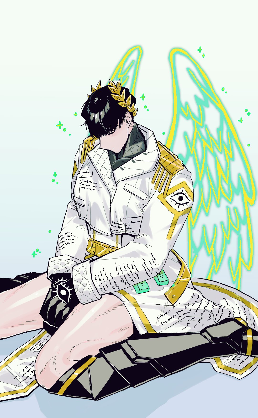 1boy, angel_wings, black_footwear, black_gloves, black_hair, coat, gloves, highres