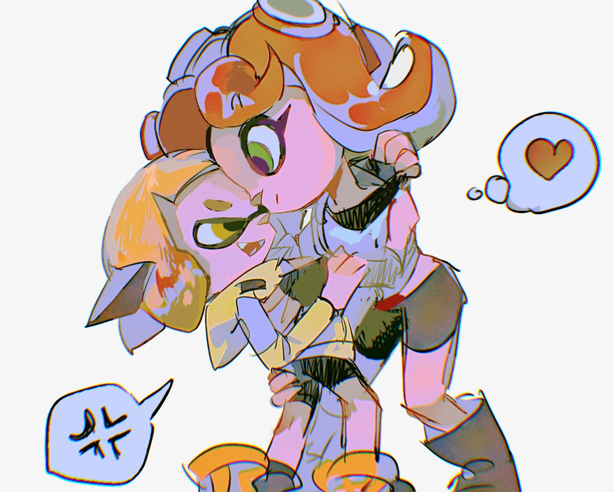 2girls, agent_4_(splatoon), anger_vein, annoyed, black_footwear, black_shorts, closed_mouth, eye_contact