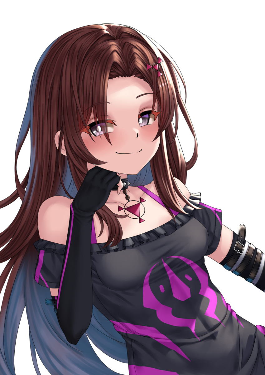1girl, abs, arm_belt, bare_shoulders, black_t-shirt, bra, breasts, brown_hair