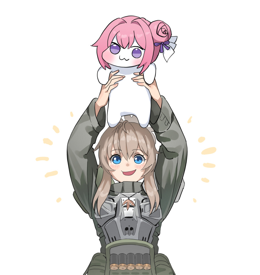 1girl, :3, :d, ammunition_belt, armor, arms_up, blonde_hair, blue_hair, blush, breastplate, commentary, cowboy_shot, creature, doro_(nikke), dorothy_(nikke), goddess_of_victory:_nikke, grey_jacket, hair_between_eyes, hair_bun, highres, holding, holding_creature, jacket, jewelry, long_hair, long_sleeves, looking_at_viewer, necklace, open_mouth, pink_hair, pinne_(nikke), short_ponytail, sidelocks, simple_background, smile, standing, tactical_clothes, violet_eyes, wge, white_background