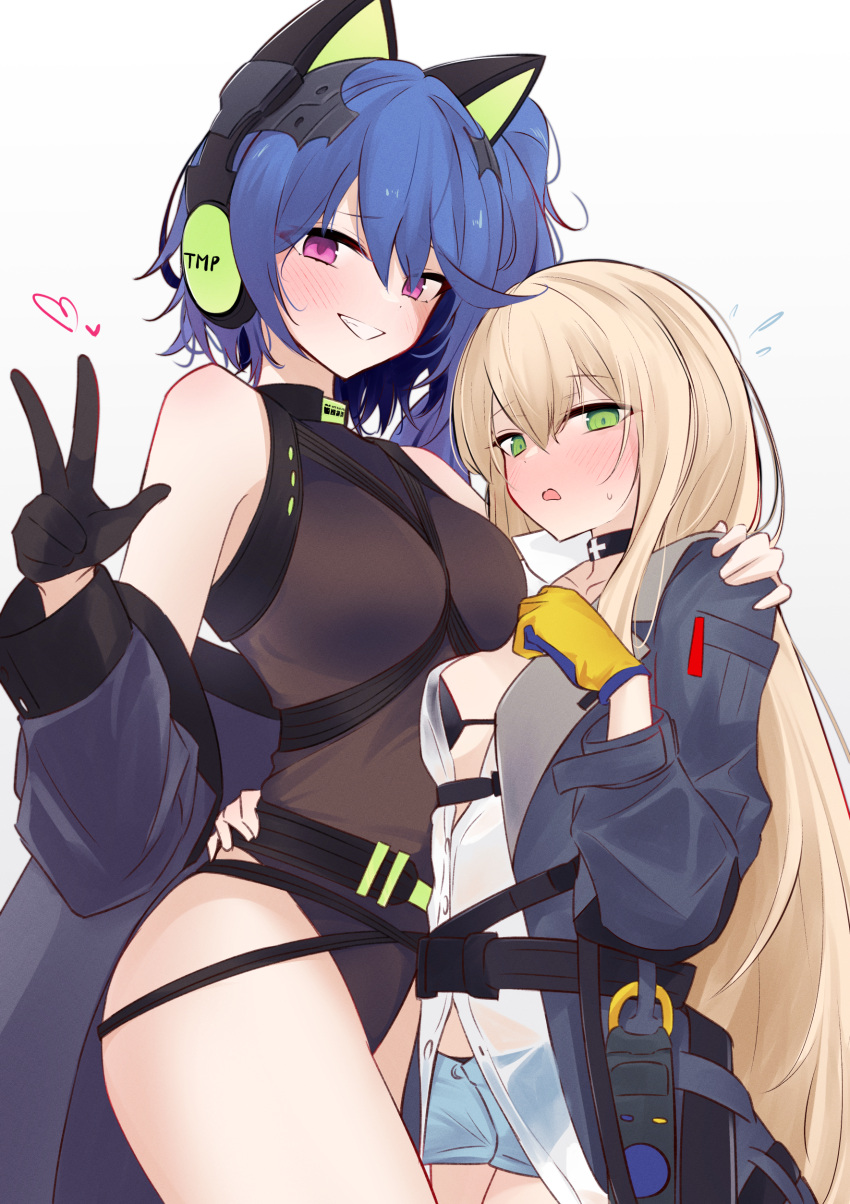 2girls, absurdres, alternate_costume, animal_ear_headphones, animal_ears, bikini, black_bikini, blonde_hair