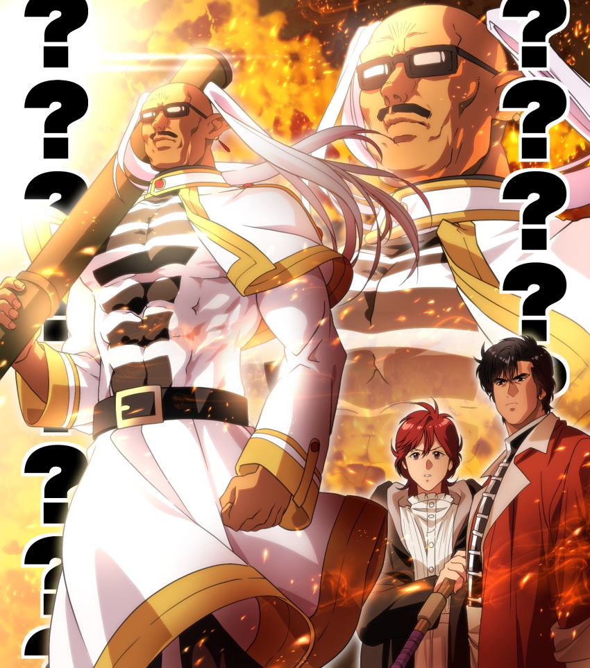 1girl, 2boys, ?, bald, belt_buckle, black_hair, buckle, city_hunter