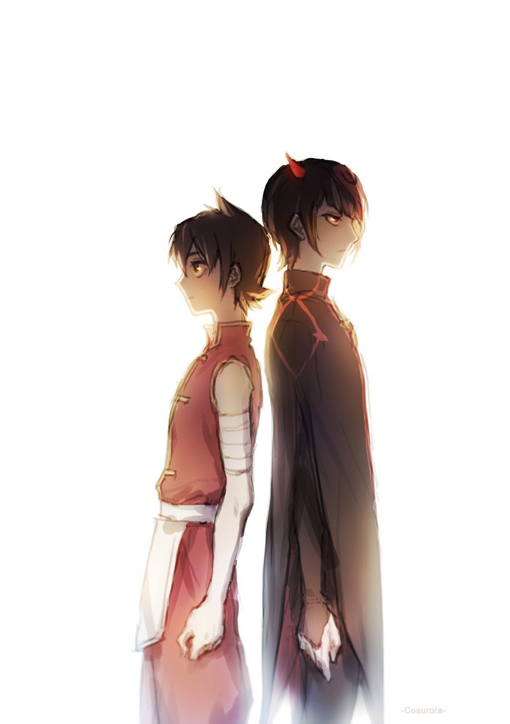 2boys, apron, artist_name, back-to-back, bandaged_arm, bandages, bare_arms, bare_shoulders