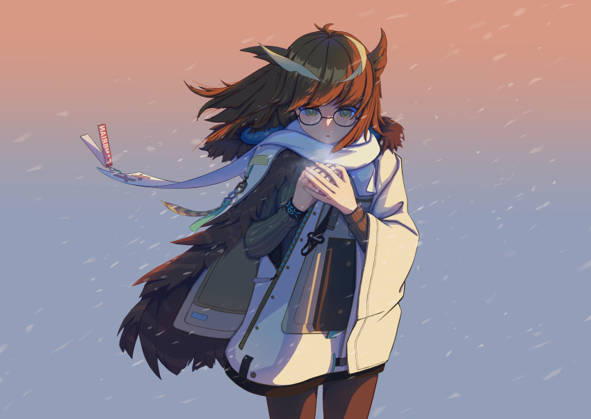 1girl, absurdres, arknights, bird_girl, black_wristband, brown_hair, brown_sweater, coat, commentary_request, feather_hair, feathered_coat, glasses, highres, infection_monitor_(arknights), long_hair, long_sleeves, official_alternate_costume, open_mouth, owl_ears, owl_girl, own_hands_together, silence_(arknights), silence_(frosted_breath)_(arknights), snowing, solo, sweater, wei_mie_(not_extinguished), white_coat, wind, yellow_eyes