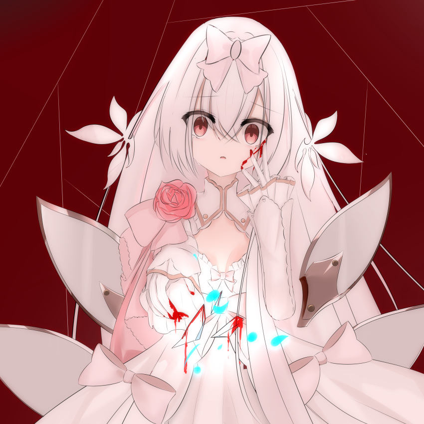 absurdres, blood, blood_on_face, blood_on_hands, copyright_request, crying, crying_with_eyes_open, dress