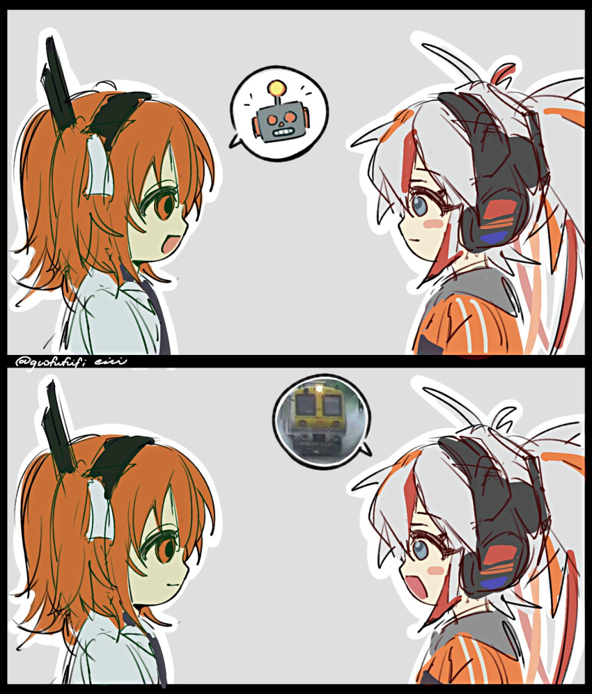 2girls, adachi_rei, black_hairband, blue_eyes, blush_stickers, closed_mouth, denka_shaa, hairband, highres, holographicworm, jacket, long_hair, medium_hair, multicolored_hair, multiple_girls, open_mouth, orange_eyes, orange_hair, orange_jacket, smile, speech_bubble, streaked_hair, train, twintails, utau, white_hair, white_jacket