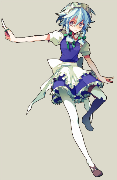 1girl, blue_eyes, braid, dada_(dolce), izayoi_sakuya, knife, legs, maid