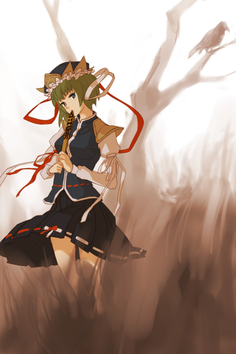 bare_tree, bird, blue_eyes, brown, crow, green_hair, hat, highres, nishio, rod_of_remorse, shikieiki_yamaxanadu, short_hair, silhouette, skirt, solo, touhou, tree