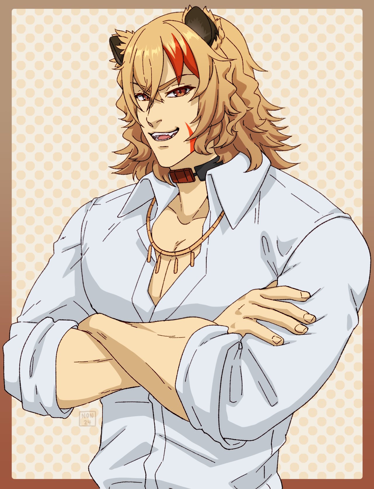 1boy, 2024, :d, animal_ears, artist_name, black_choker, border, brown_border