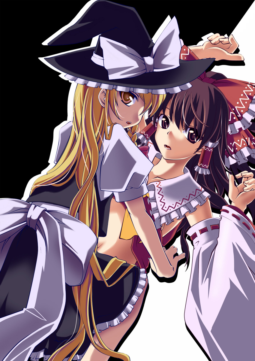 blonde_hair, brown_eyes, brown_hair, hakurei_reimu, hat, highres, juuya_(kisaragi18), kirisame_marisa
