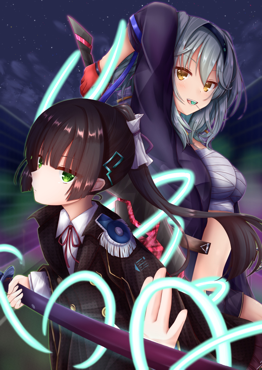 2girls, absurdres, bandaged_chest, black_coat, black_hair, black_hairband, candy, chest_sarashi