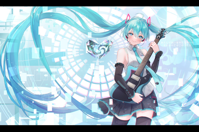 1girl, ahoge, aqua_eyes, aqua_hair, aqua_necktie, armpits, bare_shoulders, black_footwear