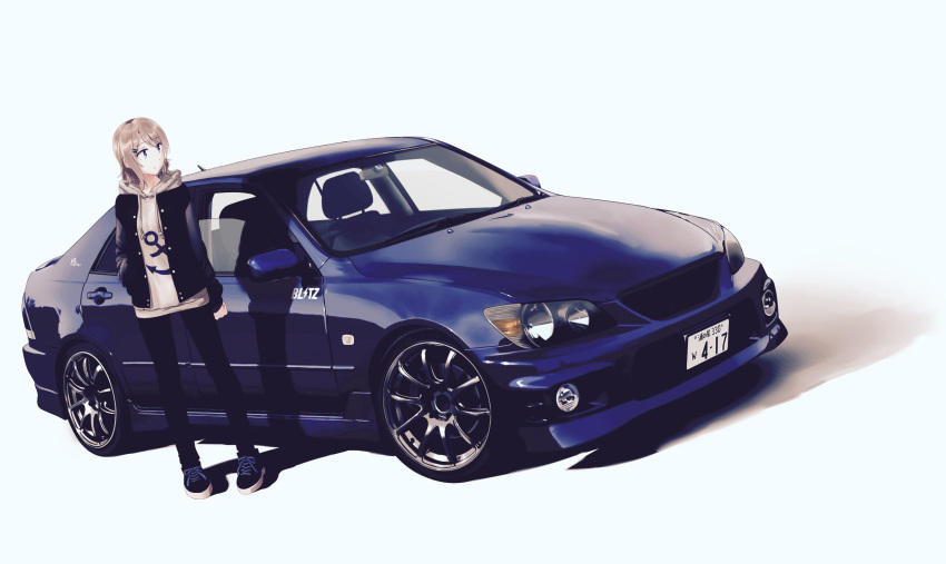 black_footwear, black_jacket, black_pants, blue_background, blue_car, blue_eyes, brown_hair, expressionless
