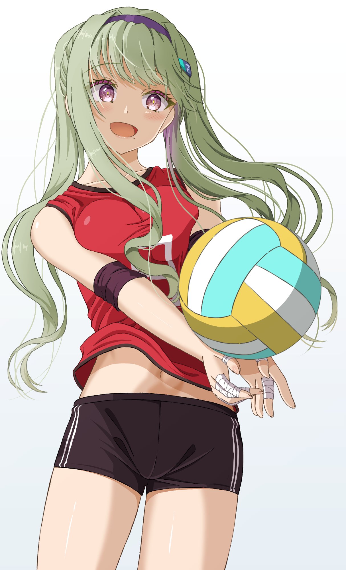 1girl, bandaged_fingers, bandages, bdsm, black_hairband, black_shorts, bondage, bound, breast_press, breasts, green_hair, hairband, heaven_burns_red, highres, large_breasts, long_hair, mochimugi_rice, mole, mole_under_mouth, murohushi_risa, navel, shorts, sidelocks, solo, twintails, violet_eyes, volleyball