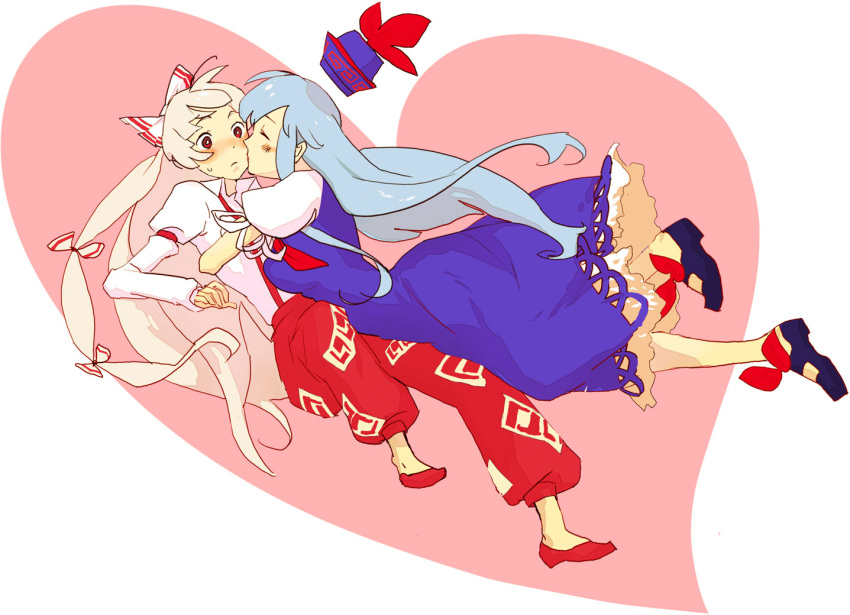 blue_hair, cheek_kiss, closed_eyes, fujiwara_no_mokou, glomp, hat, heart, hug