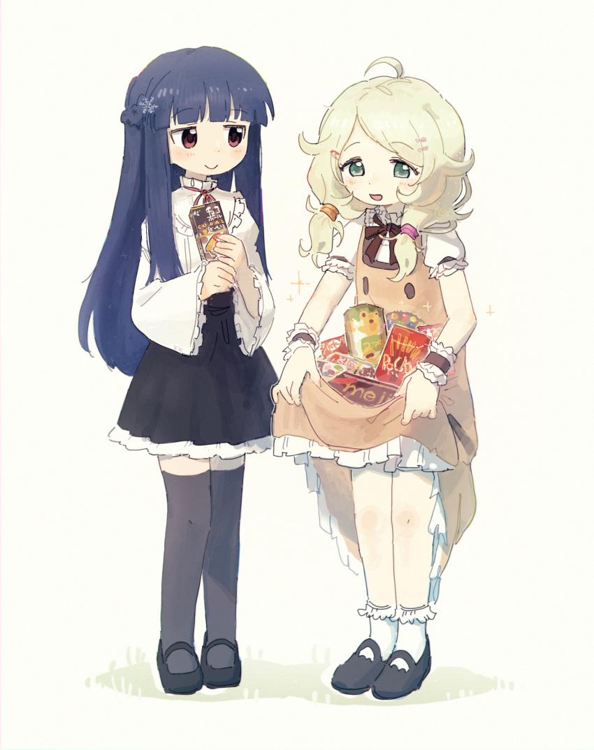 2girls, absurdres, black_footwear, black_skirt, black_thighhighs, blonde_hair, blue_hair, blunt_bangs