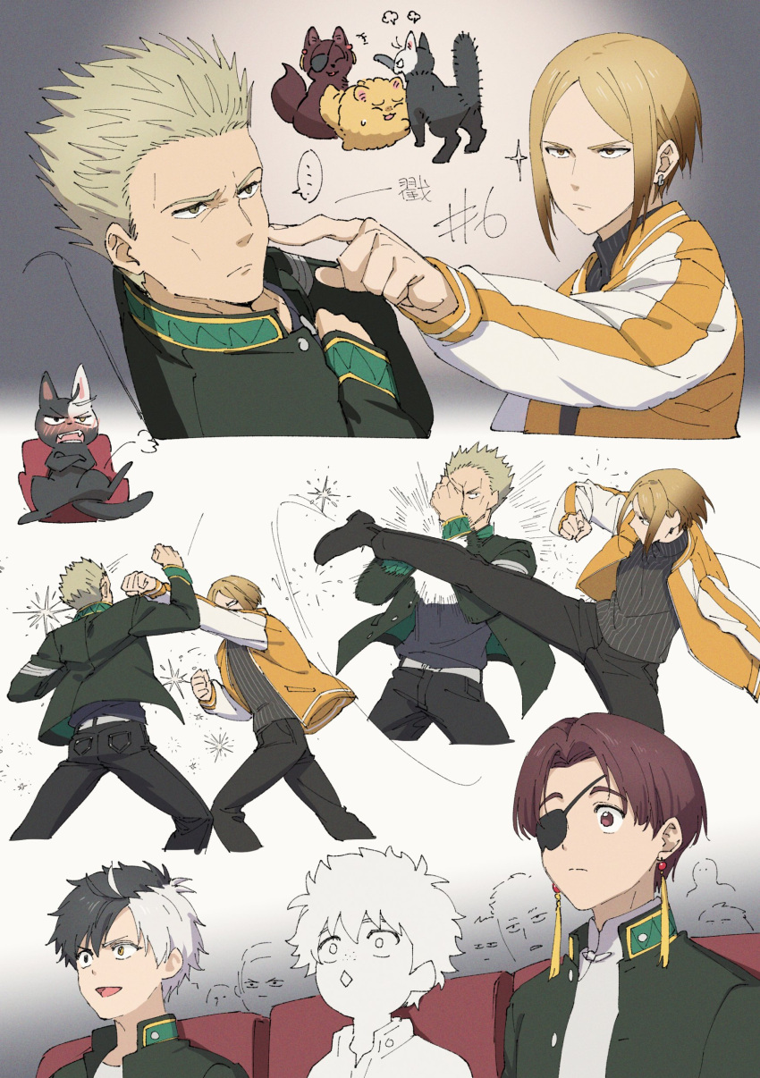 5boys, absurdres, belt, black_hair, black_pants, blonde_hair, brown_eyes, brown_hair, earrings, eyepatch, fighting, hayato_suou, heterochromia, highres, jacket, jewelry, kouta_sako, long_sleeves, multicolored_clothes, multicolored_hair, multicolored_jacket, multiple_boys, nirei_akihiko, open_mouth, pants, sakura_haruka_(wind_breaker), school_uniform, shirt, short_hair, soul_(tamashii), spiky_hair, split-color_hair, touma_hiragi, two-tone_jacket, undershirt, v-shaped_eyebrows, white_hair, white_shirt, wind_breaker_(nii_satoru)