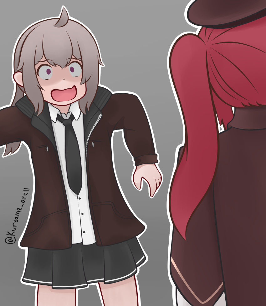 2girls, beret, black_necktie, black_skirt, brown_hat, brown_jacket, character_request, check_character