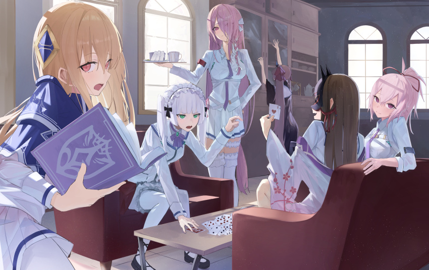 6+girls, absurdres, black_robe, blonde_hair, book, bow, brown_hair, capelet