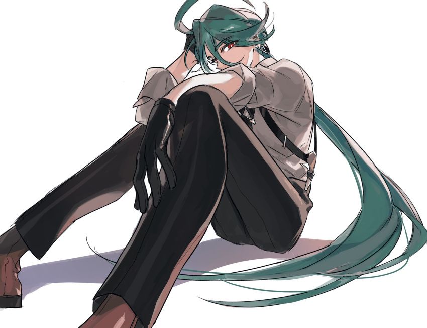 1girl, ahoge, androgynous, arm_rest, black_gloves, black_necktie, black_pants, bright_pupils