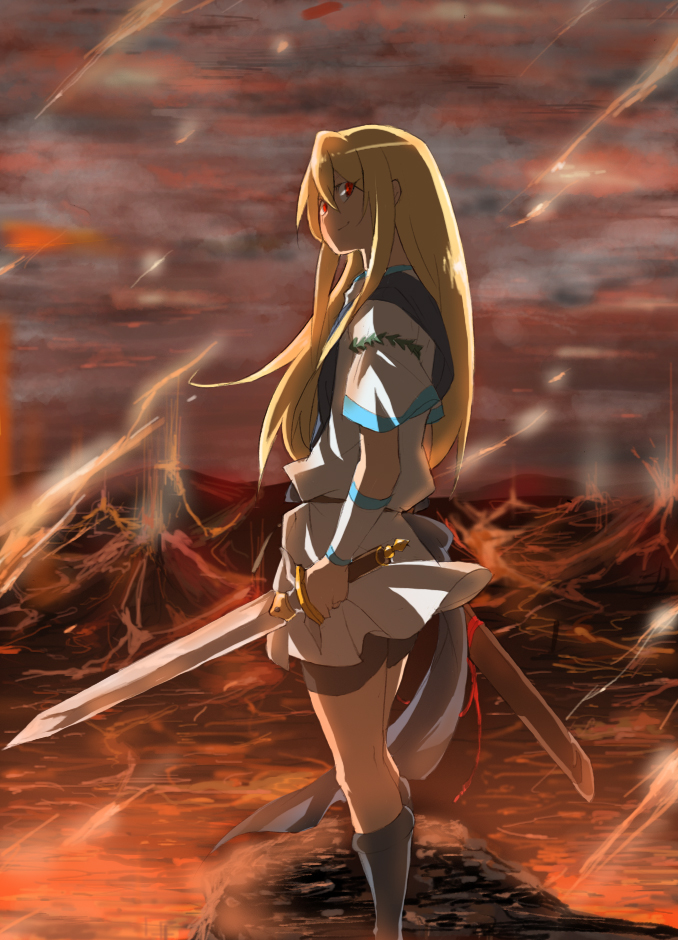 armband, bike_shorts, blonde_hair, inazuma_eleven, ledge, long_hair, m-tobiei, red_eyes, sash, sky, socks, standing, sword, trap, tunic, volcano, weapon